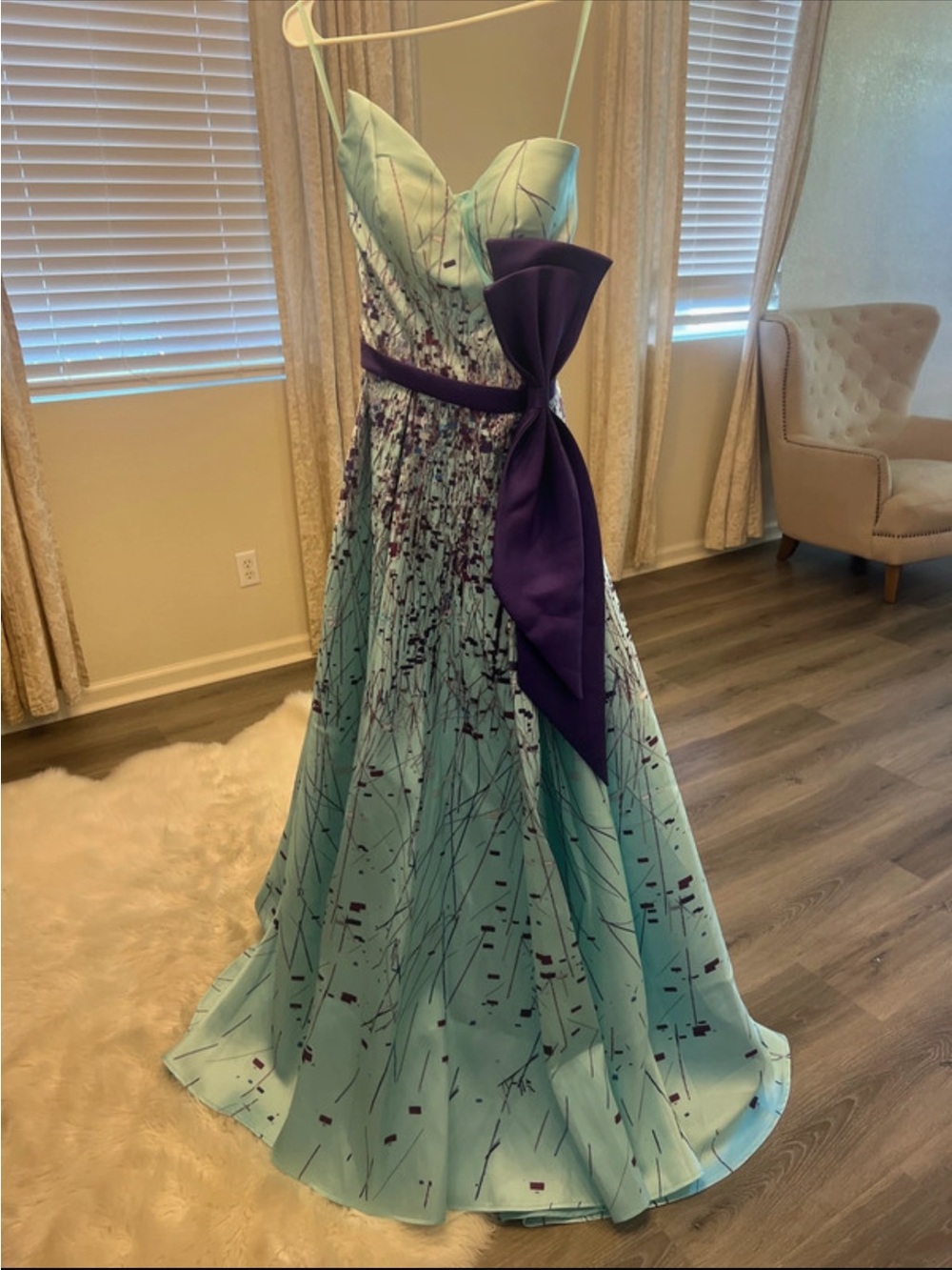Prince Mint Green Prom Gown with Purple Sash Bow
